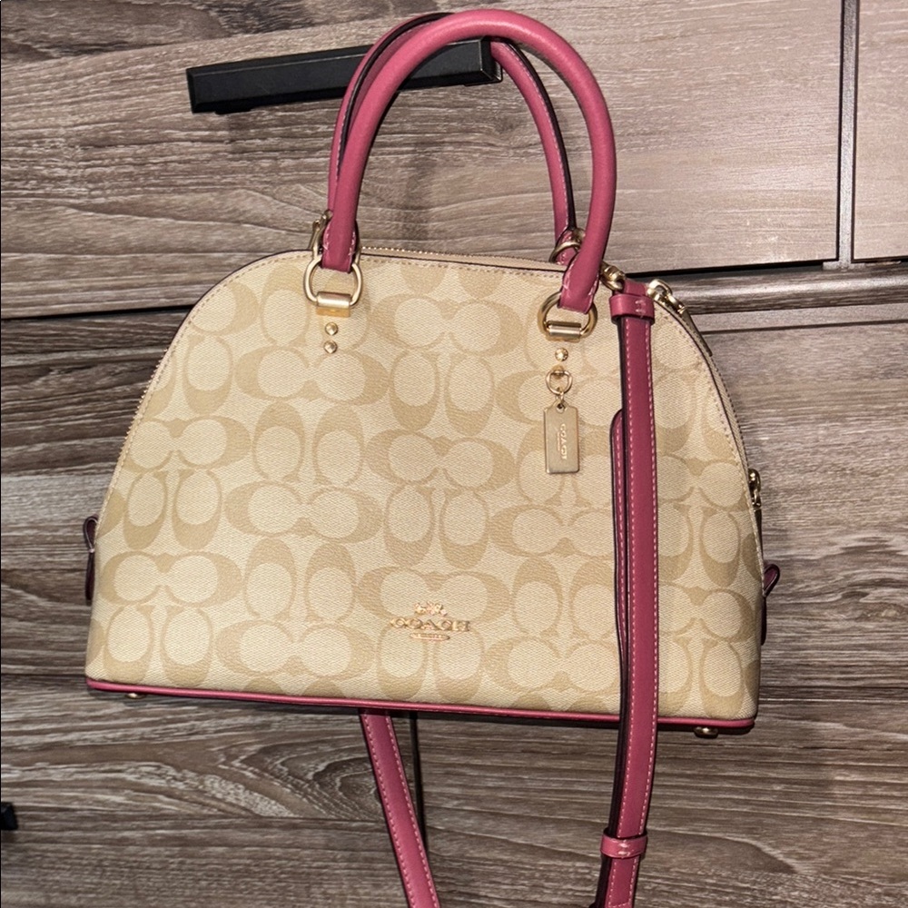 Coach Cream and Pink Satchel with Dome Shape and Leather Accents